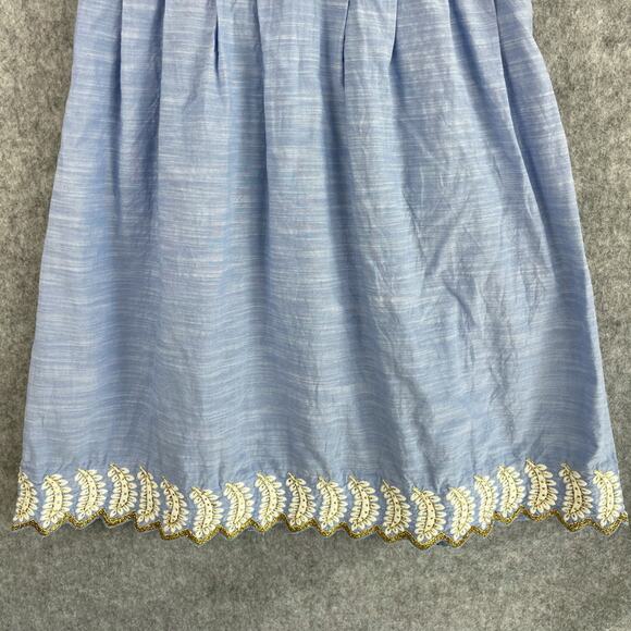 Suno Dress Womens 4 Blue Pleated Embroidery Gold Trim Midi Short Sleeve Resort - Picture 3 of 16